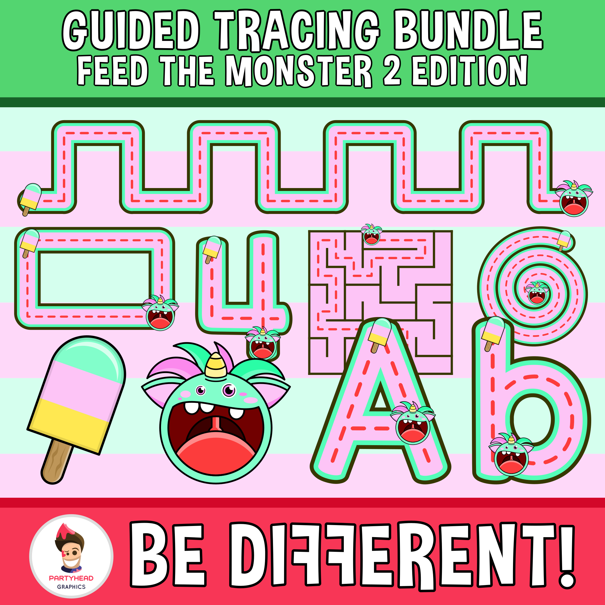 Guided Tracing Bundle Clipart Feed The Monster 2 Motor Skills Pencil